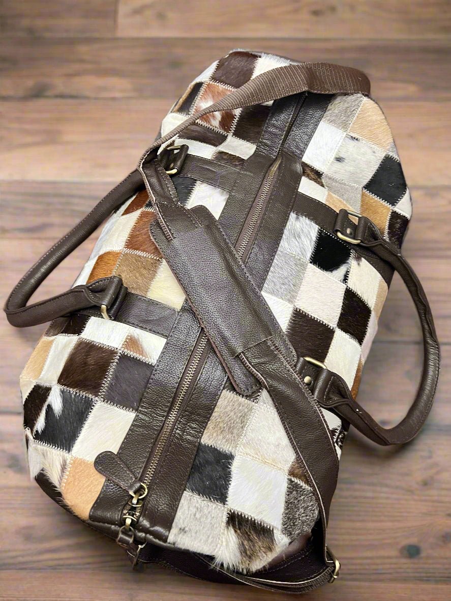 Western Full Hair-on-Hide Cowhide Duffle Bag — Black & White Compact Carry-On (21")