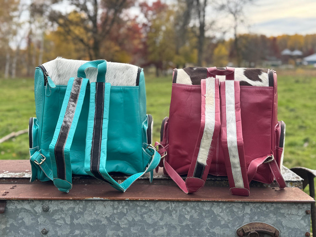 Pink or Turquoise Genuine Western Cowhide Leather Backpack Diaper Bag Personal Item carry-on luggage by Double B Wild Rags