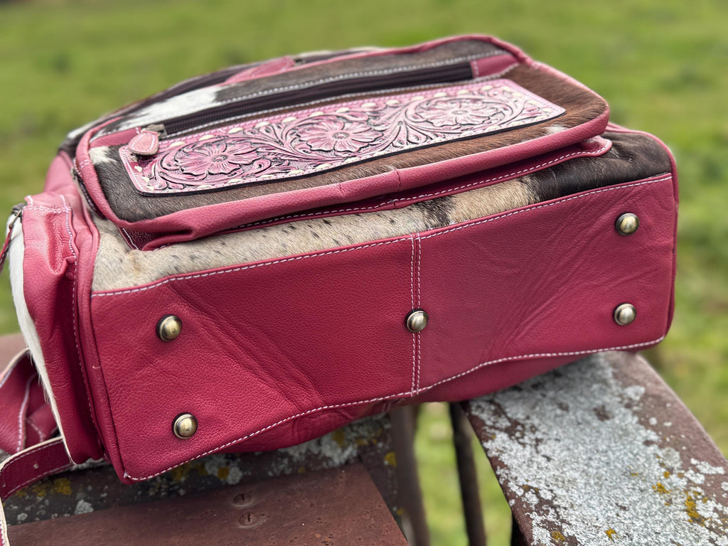 Pink or Turquoise Genuine Western Cowhide Leather Backpack Diaper Bag Personal Item carry-on luggage by Double B Wild Rags