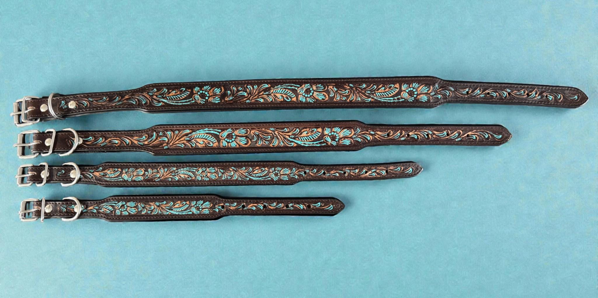 Western leather dog collar with Turquoise Floral details by Double B Wild Rags