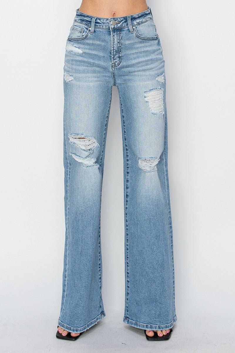 Risen High-Rise Wide Distressed Western Jeans — Light Wash Playful Distressing with Wide-Leg Cut
