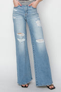 Risen High-Rise Wide Distressed Western Jeans — Light Wash Playful Distressing with Wide-Leg Cut