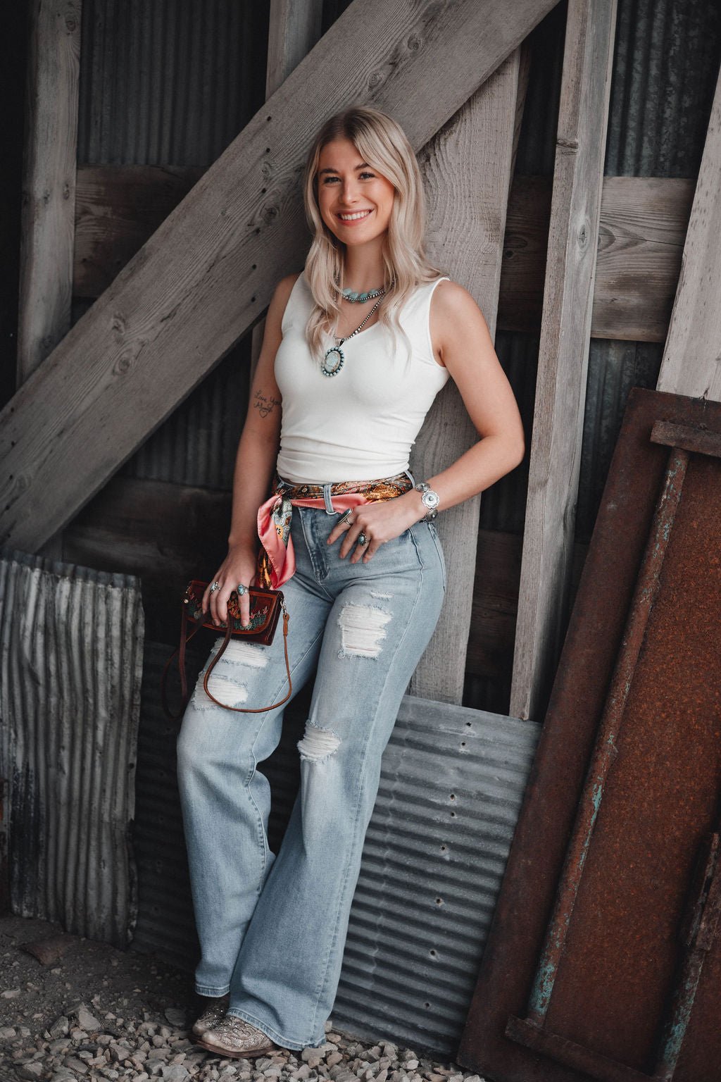 Risen High-Rise Wide Distressed Western Jeans — Light Wash Playful Distressing with Wide-Leg Cut