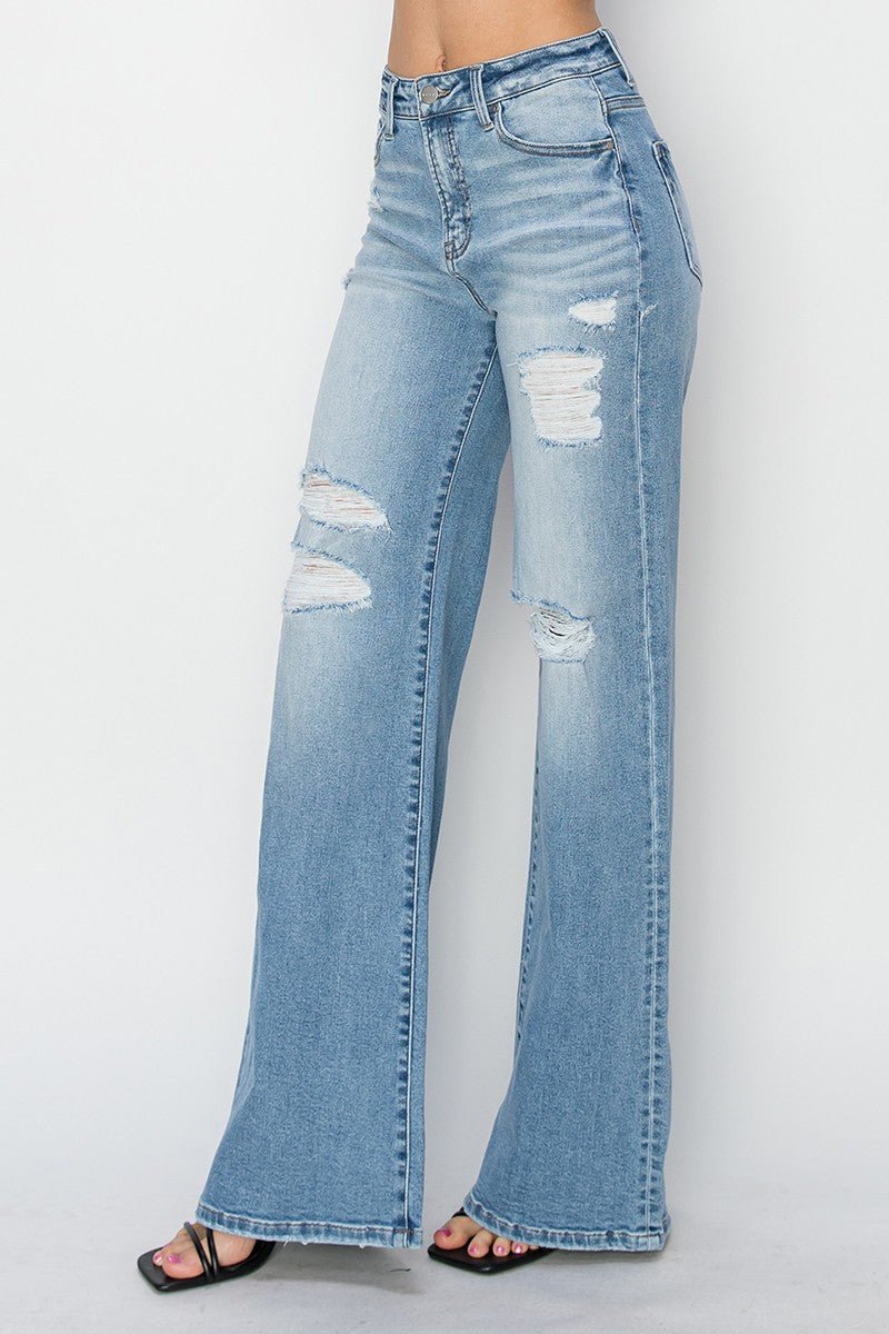 Risen High-Rise Wide Distressed Western Jeans — Light Wash Playful Distressing with Wide-Leg Cut