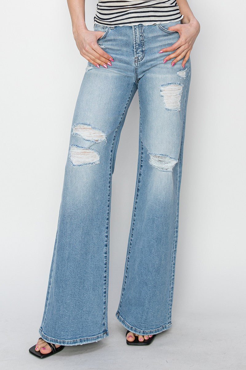 Risen High-Rise Wide Distressed Western Jeans — Light Wash Playful Distressing with Wide-Leg Cut